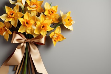 composition with bouquet of yellow daffodils with ribbon on a white background with copy space suitable for congratulation or invitation