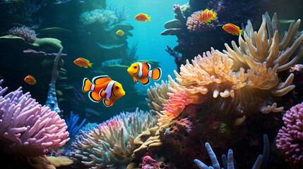 Fototapeta na wymiar Colorful clownfish swim gracefully