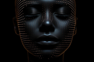 Woman with dotted lines on face 3d black realistic abstract background