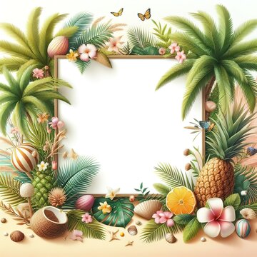 Summer fruit picture frame creating banner for summer travel, illustration style, Created ai generated
