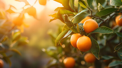  Citrus branches with organic ripe fresh oranges tangerines growing on branches with green leaves in sunny fruiting garden. - obrazy, fototapety, plakaty