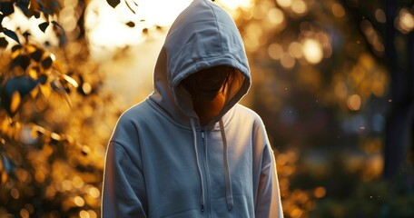 white hooded sweatshirts in the style of realistic usage nature background
