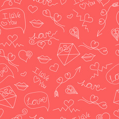 Pattern Set of hearts, decorative elements, icons and inscriptions. Valentine's Day. Lettering is manual. Phrase I love you. Vector illustration, seamless holiday background.
