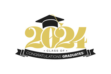 Gold design for graduation ceremony. Class of 2024. Congratulations graduates typography design template for shirt, stamp, logo, card, invitation etc. Vector illustration