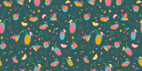 Pattern collection of delicious bright cocktails. Multi-colored drinks in glasses. Mixed cold drinks. Fresh exotic tropical beach bar. Alcohol, lemonade, drops of wine, hearts. Seamless background. 