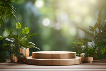 Wooden podium for product display on green leaf backgroun