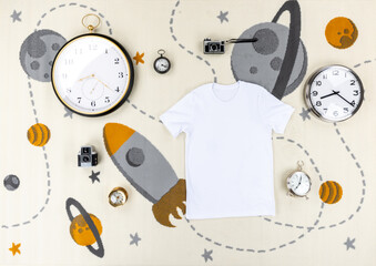T-shirt mockups prepared with the clock concept on different and beautiful backgrounds. 