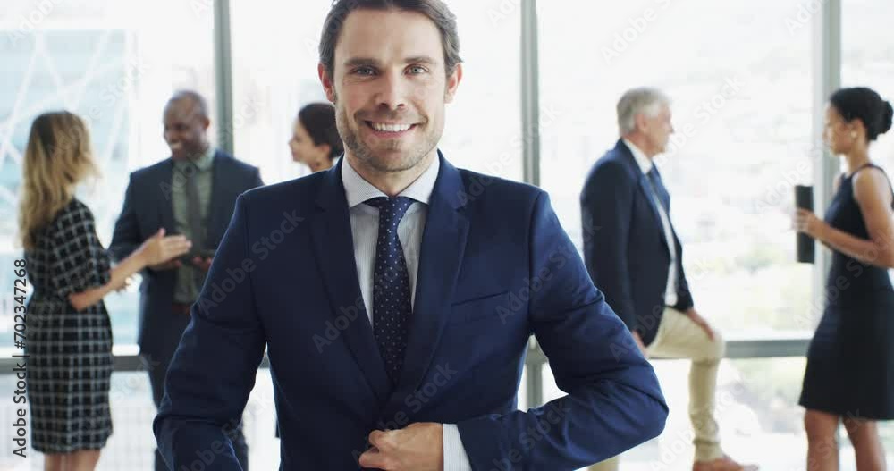 Wall mural Happy, smile and face of businessman in the office with leadership and management attitude. Confident, legal career and portrait of professional attorney manager from Canada with team in workplace.