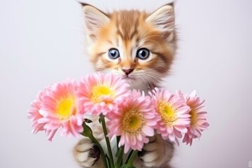 An adorable baby kitty with a flower bouquet, showcasing its fluffy fur and playful demeanor.