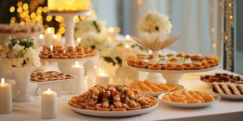 A luxurious catering display with a variety of delicious desserts and confectioneries for a celebration.