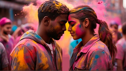 boy and girl standing and touching their foreheads with their eyes closed and their faces and bodies sprayed with colorful holi powder