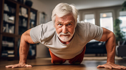 An elderly man doing push-ups in his living room, focused on his fitness goals.