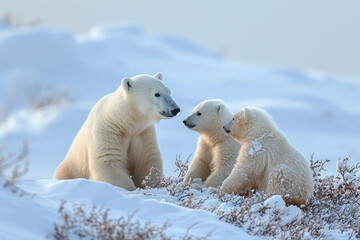The playful interaction of polar bear cubs on a snowy tundra
