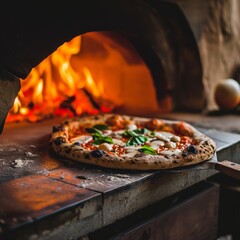 a pizza in a stone oven