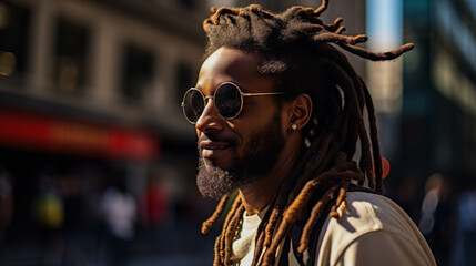 Obraz premium Man sporting a high dreadlock bun and shades in the city.