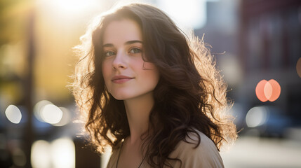 Radiant young woman with a gentle gaze in a city setting.