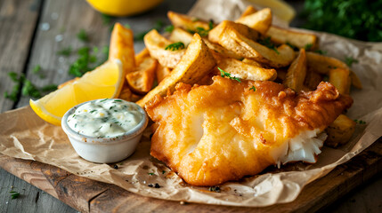 Fish and chips platter served on parchment on wooden board with tangy dip and lemon garnish. Classic battered fish and chunky chips, rustic wood. Pub style fish and fries, tartar sauce, lemon slice - obrazy, fototapety, plakaty