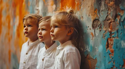 Fotobehang Three adorable little children dressed in white shirts standing behind a wall © ANNY