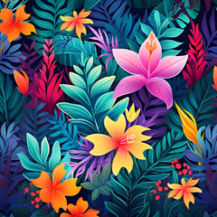 Fototapeta na wymiar Colorful tropical leaves and floral pattern fabric background