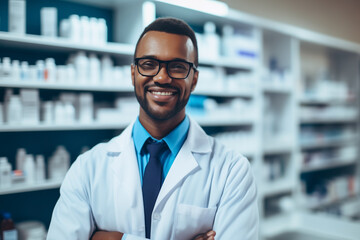 Fototapeta na wymiar pharmacist man, smiling, in white coat and blue shirt, tie, against blurred background of shelves with medicines