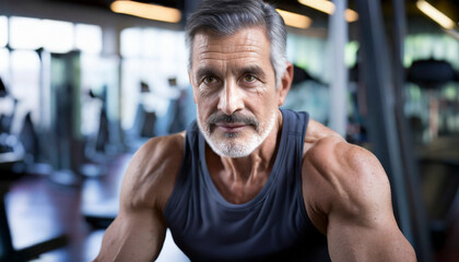 Portrait of senior man working out in fitness center and looking at camera