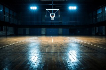 Title captivating and serene empty basketball court illuminated in a vast arena of darkness