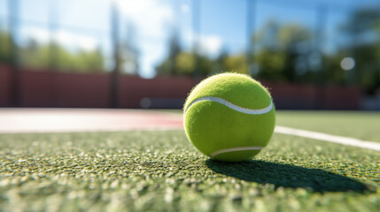 Game On: Green Tennis Ball on Green Court at Sunny Day. Symbolic Outdoor Summer Recreation and Active Sports.