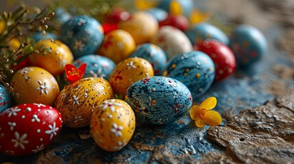 Fototapeta premium Colorful Background Easter Eggs On Blue, Background HD, Illustrations