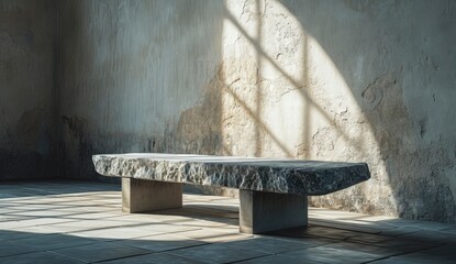 Stone seat Bench on cement wall outside - obrazy, fototapety, plakaty