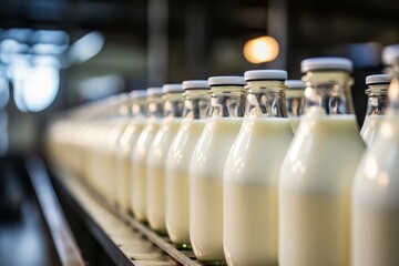 Automated process of filling milk or yogurt into plastic bottles at a modern dairy plant