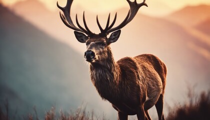 Banner with red deer stag in the autumn field. Noble deer male. Beautiful animal in the nature...