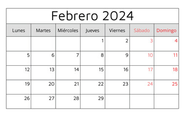 Febrero 2024 SPANISH calendar. Vector illustration