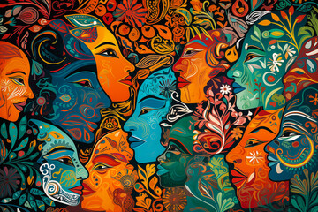 Vibrant mosaic of interconnected faces, each one uniquely distinguished, surrounded by an array of botanical elements.
