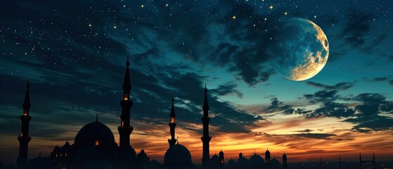 Beautiful view of ramadan crescent with silhouette of a mosque