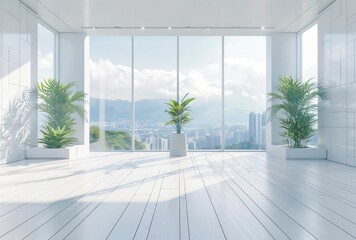 Empty room with white wall on white wooden floor with plant
