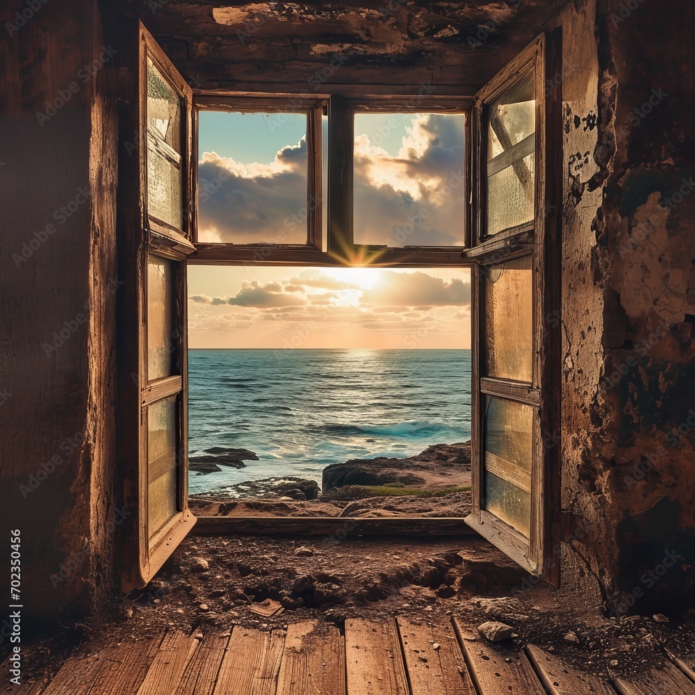 Canvas Prints a window with a view of the ocean