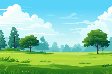 Beautiful landscape of a summer meadow with green grass and trees against the backdrop of beautiful airy clouds. Summer vector illustration.