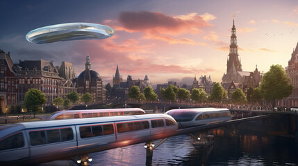 Futuristic Public Transportation with High-Speed Trains and UFO against Historical Cityscape at Dusk