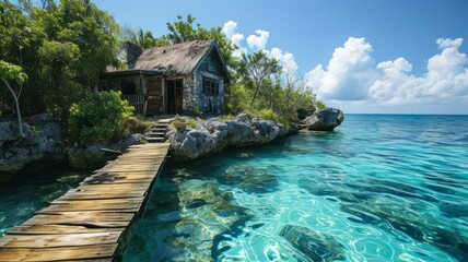 Fototapeta premium Cabin on an island with turquoise blue sea