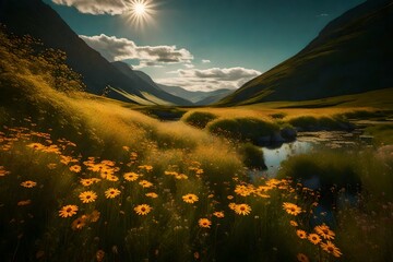 Picture a serene landscape with a nature background teeming with wildflowers. The perfect lighting creates a super
