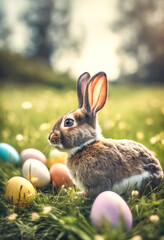 Easter bunny hides behind blades of grass with an Easter basket and Easter eggs at Easter time