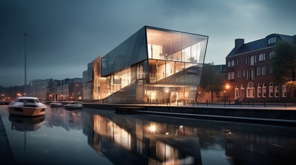 Contemporary Waterfront Architecture with Glass Facade Reflecting on Canal at Twilight
