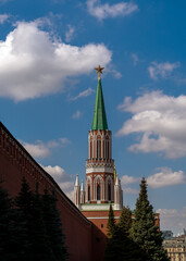 View of the Nikolskaya Tower of the Moscow Kremlin from the side of the Lenin Mausoleum.