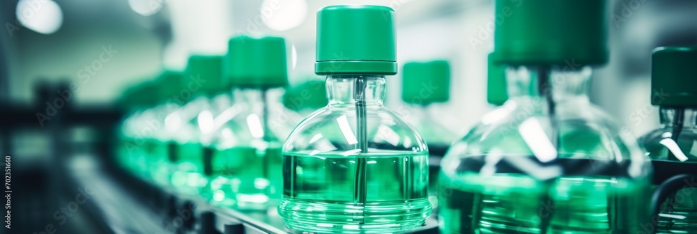 Poster efficient and automated process of filling beverages into glass bottles at a modern factory