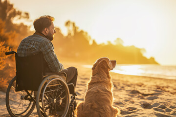 Young man in wheelchair with his dog on trip looking at sunset seashore and enjoying fresh sea air and beautiful view. concept of a happy, fulfilling life for people with disabilities - obrazy, fototapety, plakaty
