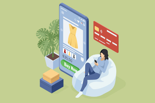 Isometric Online Shopping Store on Website and Mobile Phone design. Payment Approved, online card Payment, Online Marketing Smartphone device with receipt.