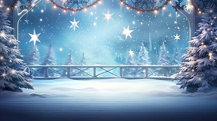 Enchanted Winter Night with Snowy Bridge and Twinkling Star Decorations