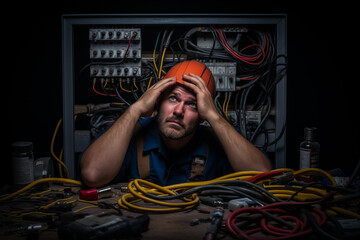Desperate technician examining complex network cabinet