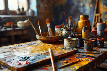 A vibrant artist's workshop with a messy palette, various colorful paints, and used brushes on a...
