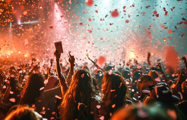 Excited crowd at a live concert with hands raised and confetti flying, capturing the energy and joy of a music festival.